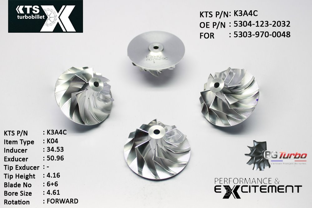 Turbo ROUE FORGÉE MFS PERFORMANCE - 6+6 PALES - INDUCER : 34,53 - EXDUCER : 50,96 - TYPE : K04ANGLE : 45° - ROTATION : Forward - SUPER BACK : 1,8 - BORE SIZE : 4,61
